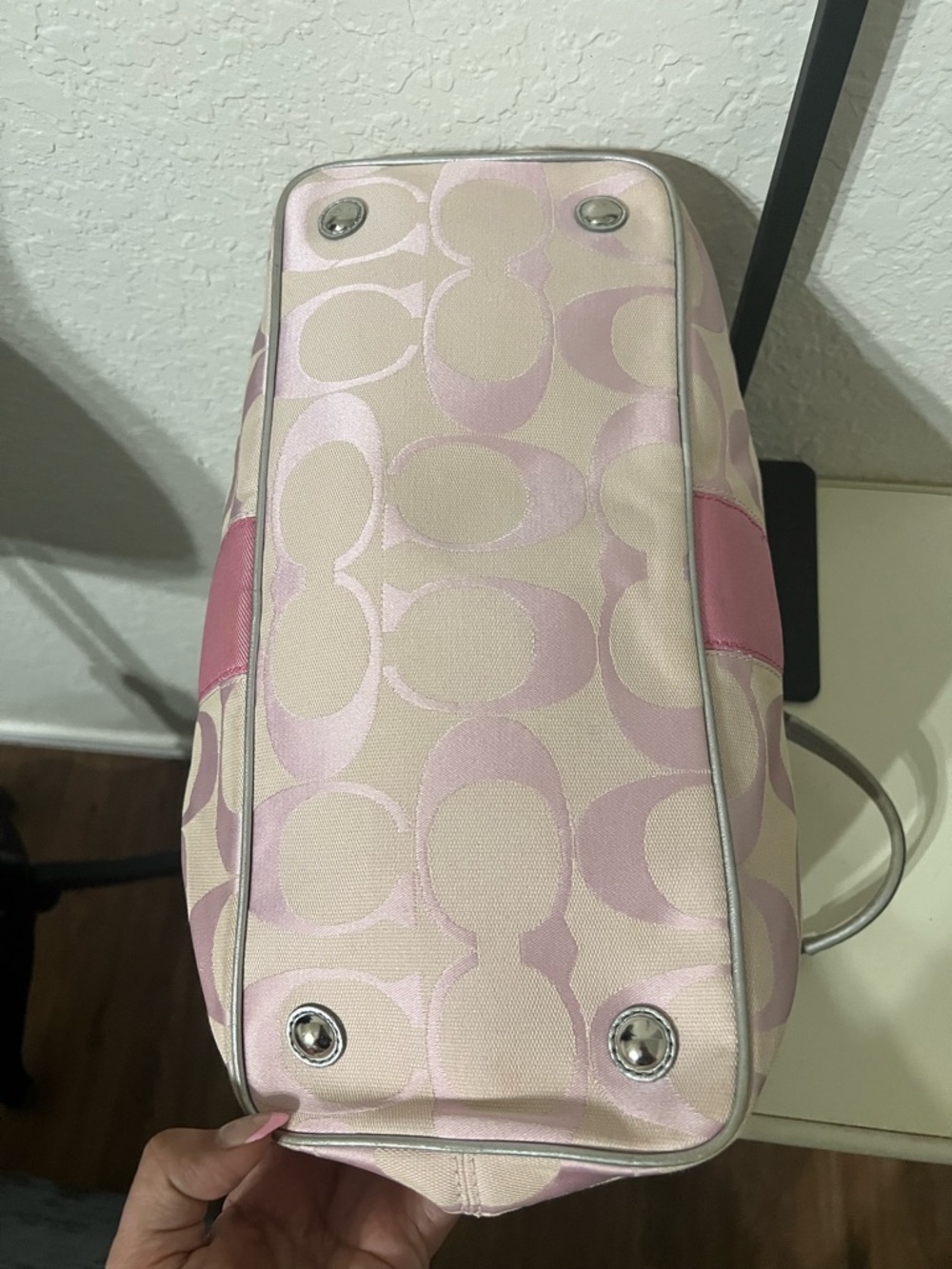 Coach Pink Signature Stripe Shoulder Handbag with Silver Trim - Picture 7 of 10